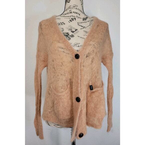 Obey Sweater Cardigan Womens Small Fuzzy Mohair Blend Tan Sheer Delicate - Picture 2 of 11